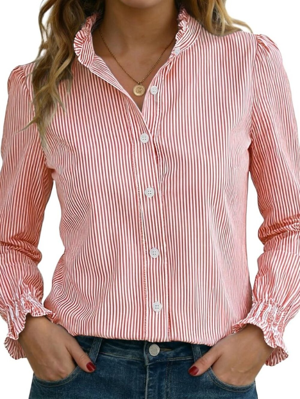 Women's Striped Button Down Shirts Long Sleeve Smocked Cuffed Ruffle Collar